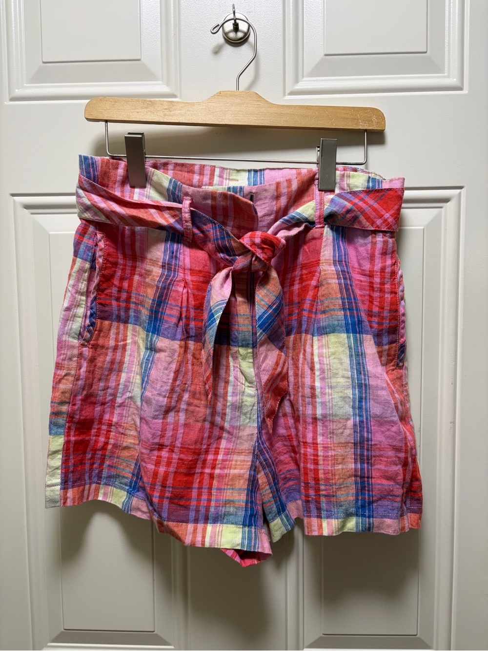 C & C 100% Linen Pink Madras plaid High waist cinched tie waist Shorts 10